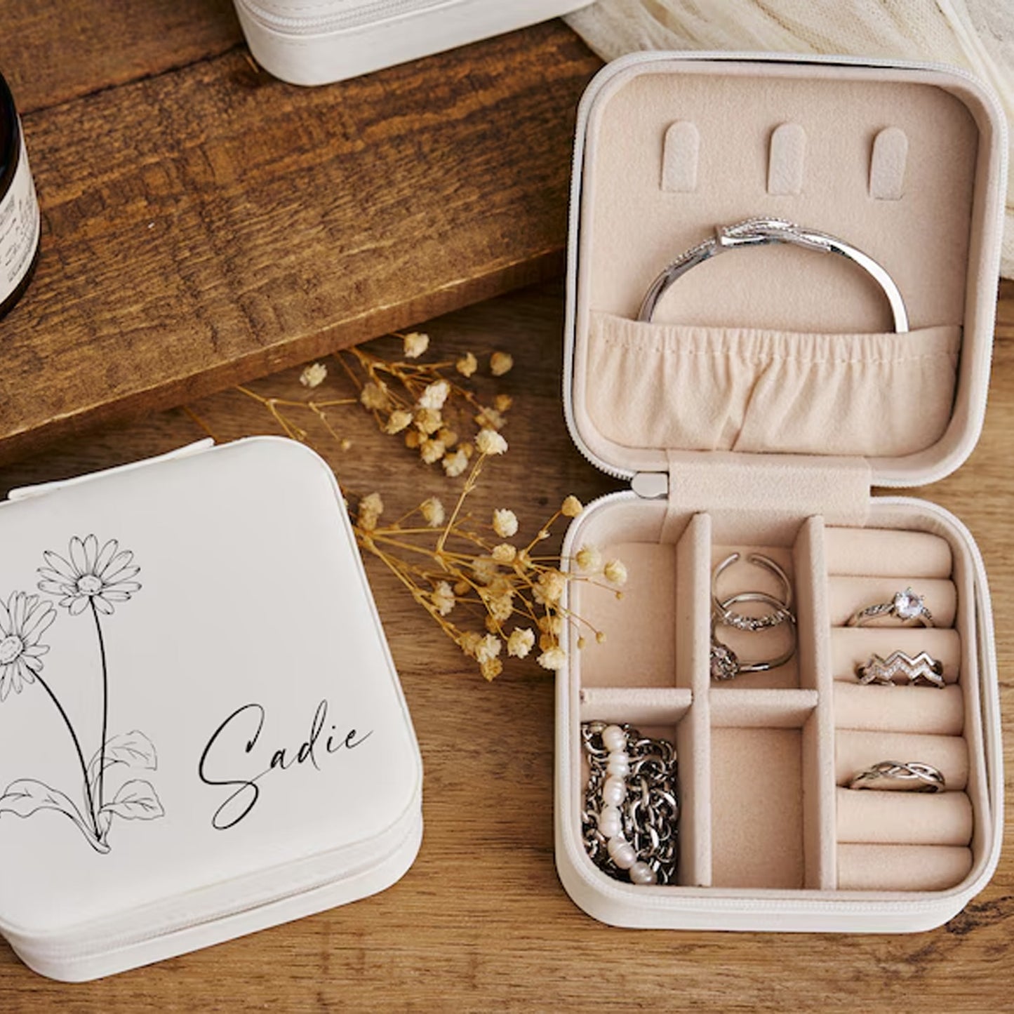 Personalized Travel Jewelry Box | Small Square Earring Organizer | Bridesmaid Gift for Sister or Friend 683751