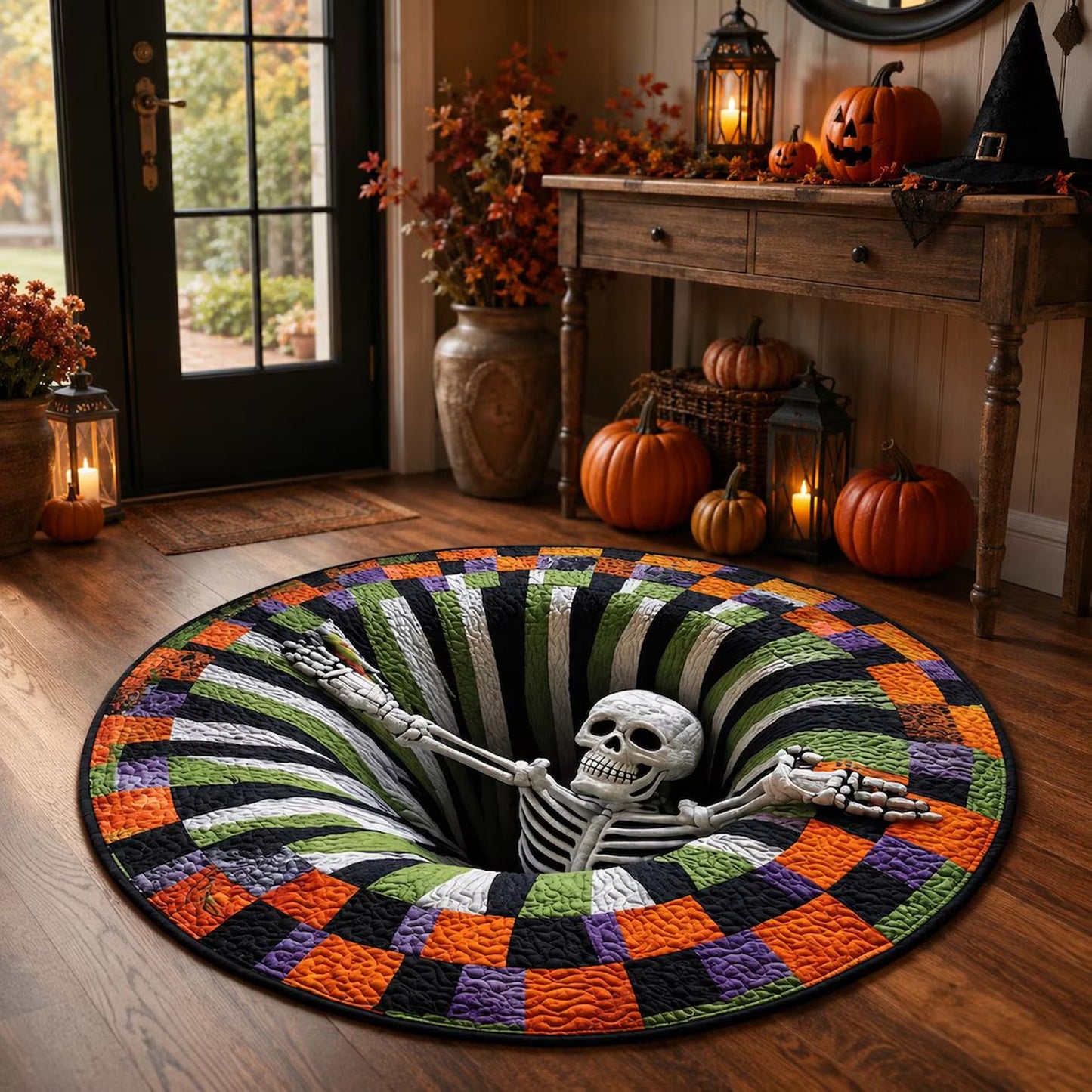 3D Skeleton Halloween Round Rug, Spooky Optical Illusion Floor Mat, Creepy Haunted House Halloween Decor 685932 WFD