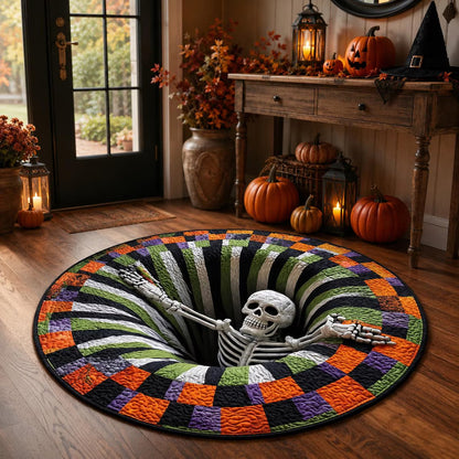 3D Skeleton Halloween Round Rug, Spooky Optical Illusion Floor Mat, Creepy Haunted House Halloween Decor 685932 WFD