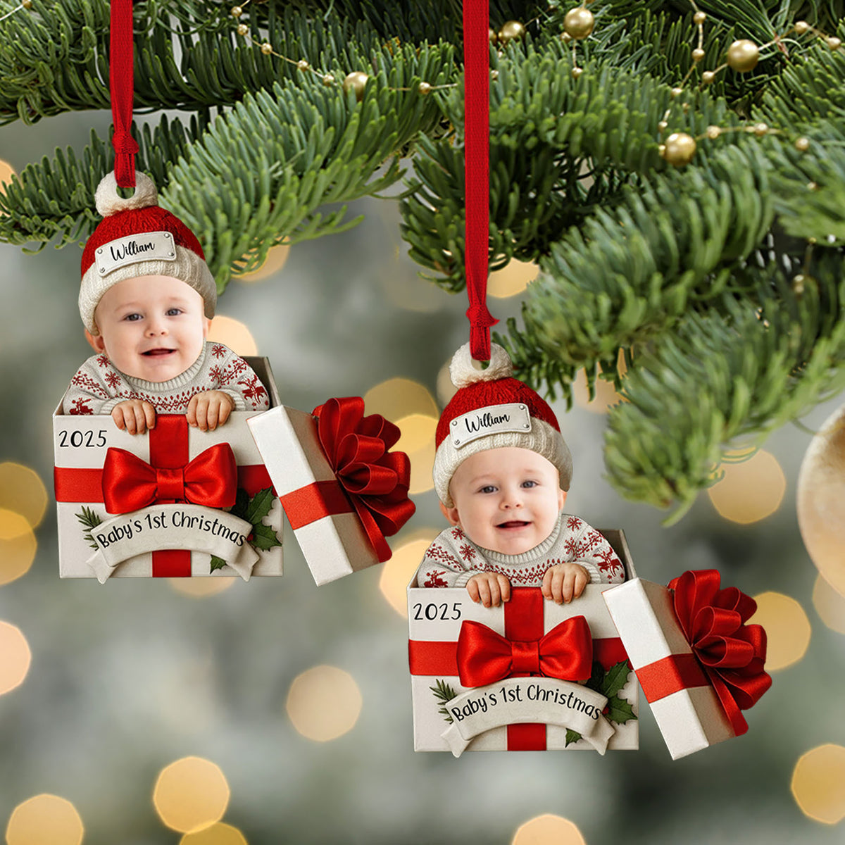 Personalized Baby’s First Christmas Gift Box 2D Flat Acrylic Ornament | Custom Name Baby Photo Ornament 683480