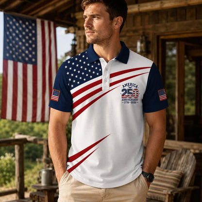 250 Years Anniversary AOP Polo Shirt, USA Flag 1776-2026 Patriotic Golf Polo, Independence Day Shirt 685357 WFD