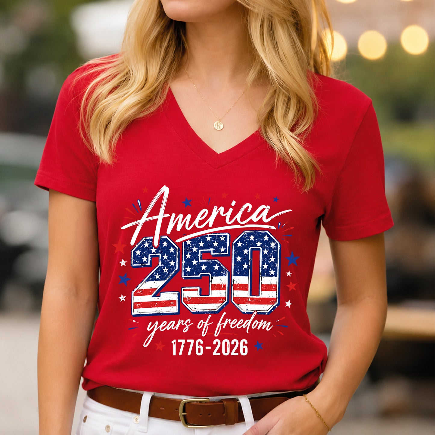 250 Years of America V-Neck Shirt, USA 1776-2026 Patriotic Flag Tee, Women's Independence Day Shirt 685276