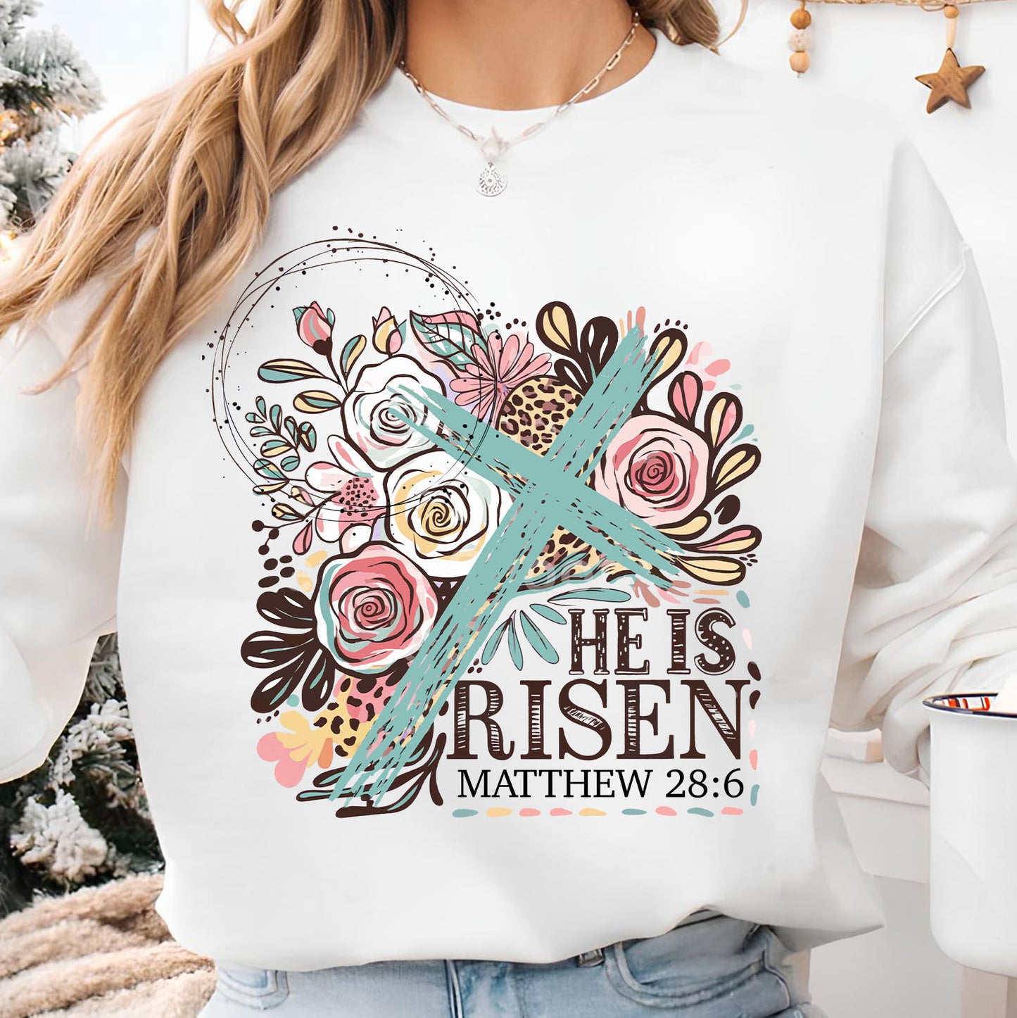 He Is Risen Matthew 28:6 Christian Easter Shirt | Floral Cross Faith T-Shirt 684406