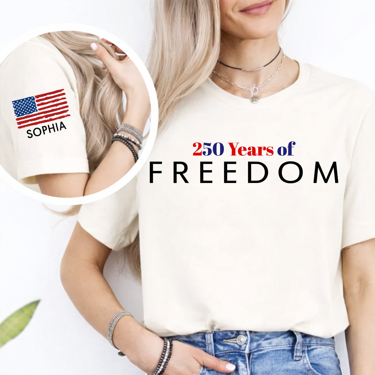 Personalized 250 Years Of Freedom Bright Shirt | Custom Name Patriotic 4th of July Front & Right Sleeve Shirt 684610
