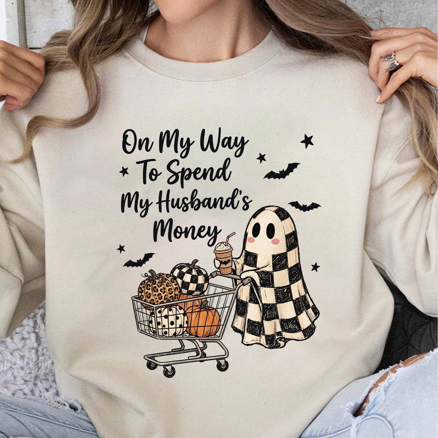 Funny Halloween Ghost Shopping Shirt, On My Way to Spend My Husband’s Money Tee, Fall Pumpkin Sweatshirt 685845