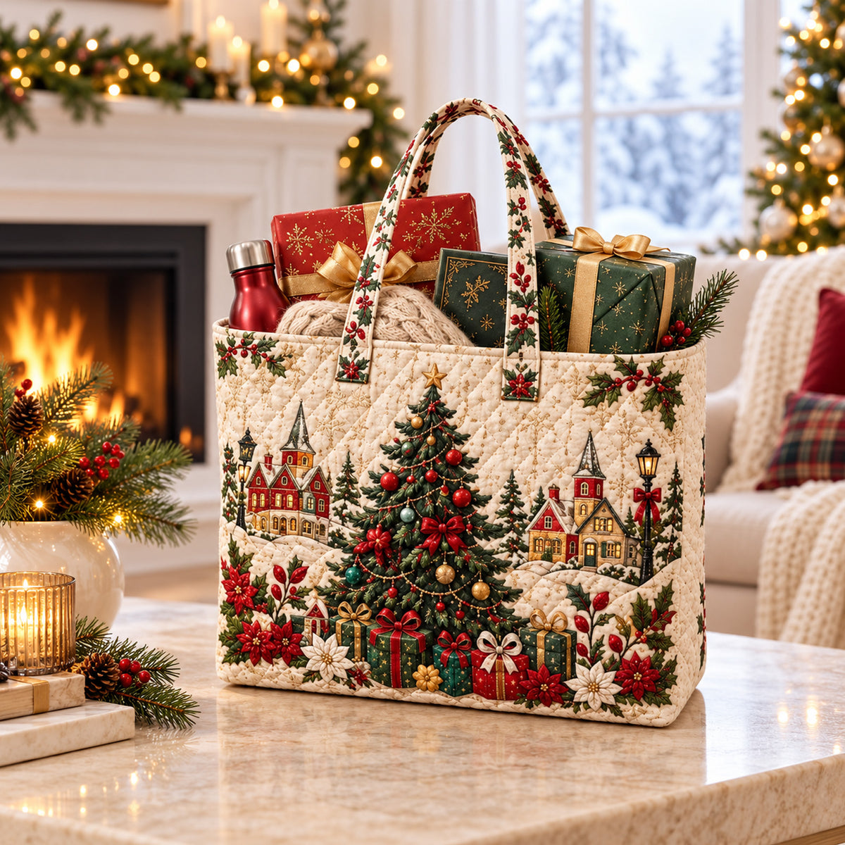 Christmas Quilted Tote Bag, Snowman & Christmas Tree Holiday Handbag, Festive Gift for Mom, Grandma 686748 WFD