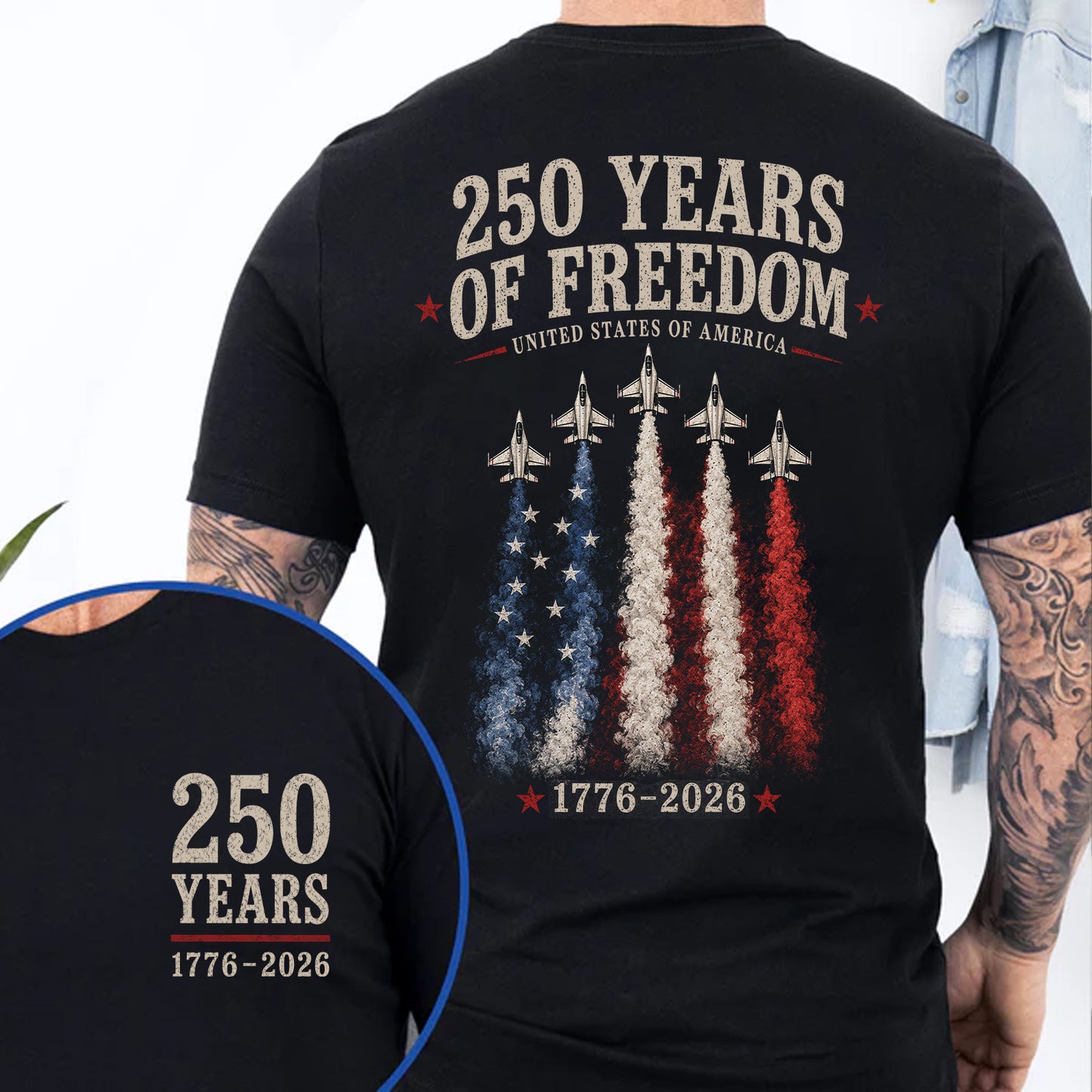 250 Years of Freedom USA Pocket & Back Shirt, Patriotic 1776-2026 Fighter Jet Tee, 4th Of July T-Shirt 685162