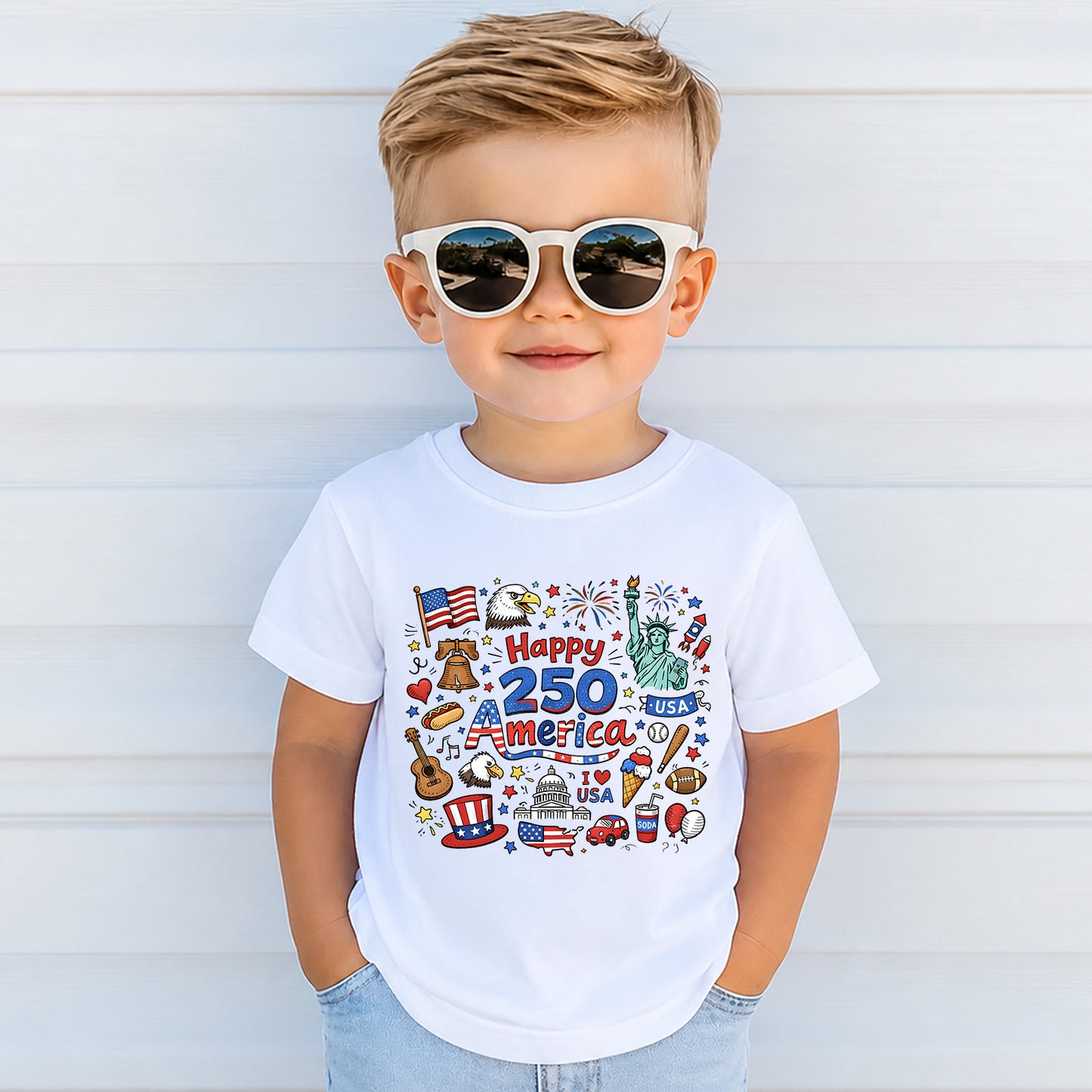 Happy 250 Years Kids T-Shirt, 1776–2026 USA Anniversary Shirt, Patriotic Doodle America Tee for Kids 684926