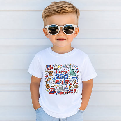 Happy 250 Years Kids T-Shirt, 1776–2026 USA Anniversary Shirt, Patriotic Doodle America Tee for Kids 684926