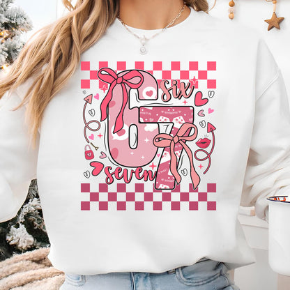 Coquette Valentine 67 Six Seven Sweatshirt, Preppy Heart Bow Valentine Shirt, Cute Pink Red Checkered Hearts Tee 683926
