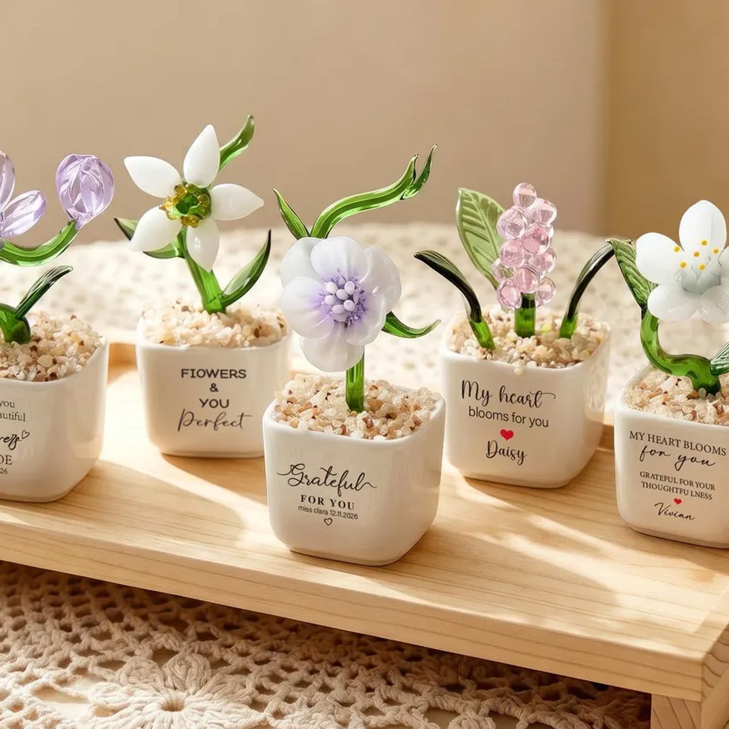 Personalized Glass Flower Pot, Mini Hand Blown Glass Flower Ornament, Teacher Appreciation Gift, Desk Decor 685530 WFD