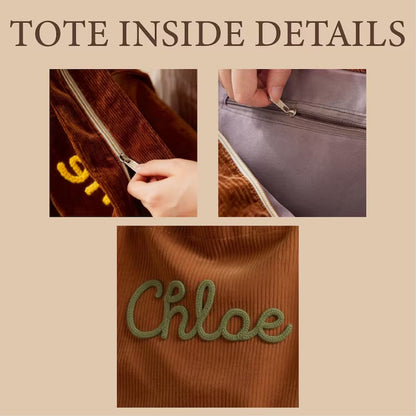 Personalized Tote Bag, Custom Mom Grandma Corduroy Tote, Chunky Yarn Name Purse, Mothers Day Gift 684843