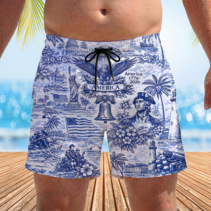 250 Years of America Funny Beach Shorts, Custom Name Patriotic Swim Trunks, Vintage USA AOP Shorts 685632