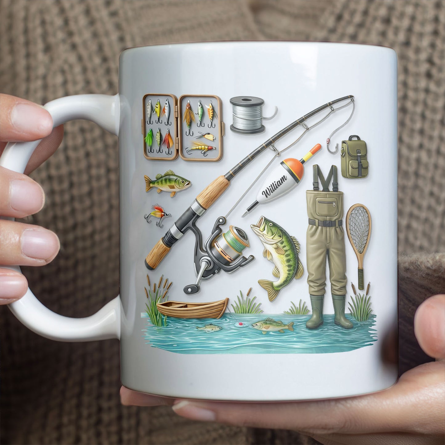 Custom Name Fishing Mug | Fishing Lures White Mug Accent Mug | Father’s Day Gift for Dad, Fisherman 684253