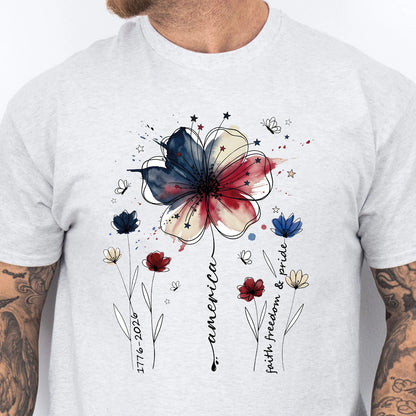 USA 250 Years Anniversary Floral Shirt, 1776–2026 Patriotic Wildflower T-Shirt, Freedom 4th of July Bright Tee 684940