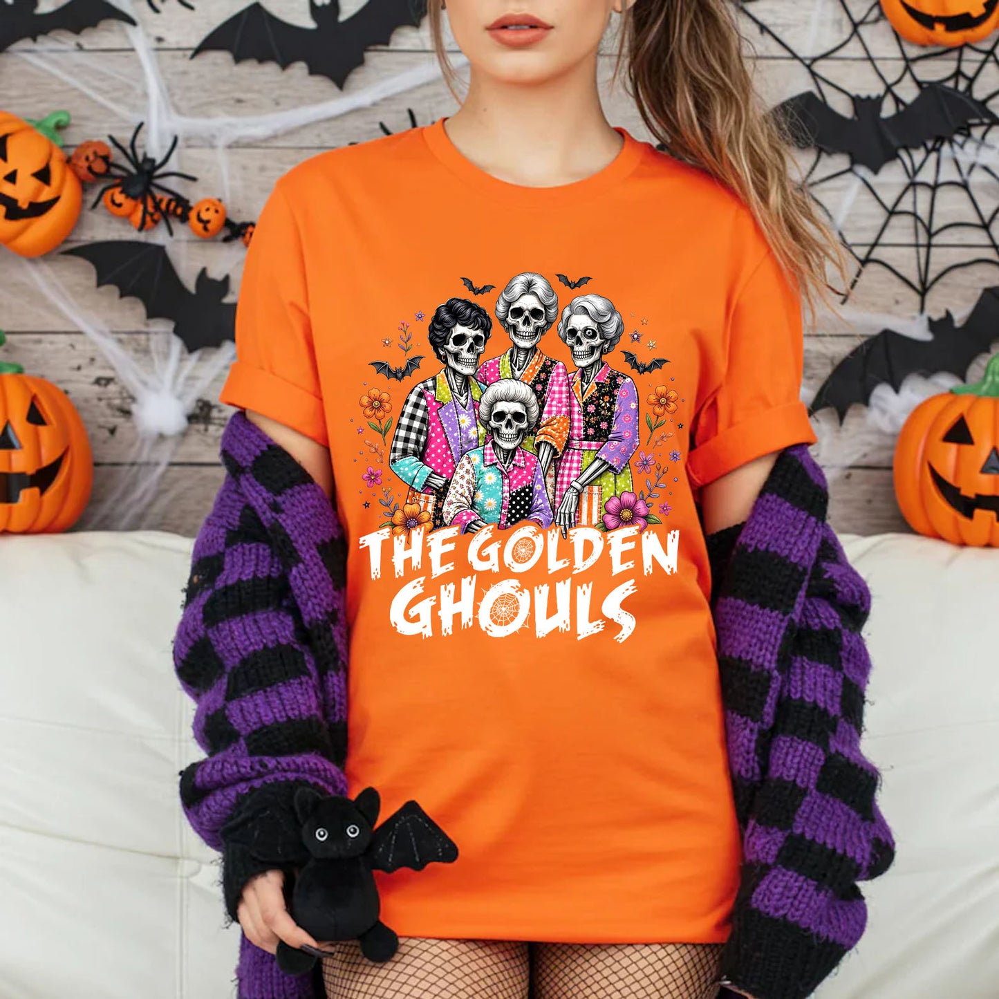 Preppy Halloween Friends Shirt, Golden Ghouls Skeleton Ladies Tee, Girly Spooky Squad Halloween Shirt 685868