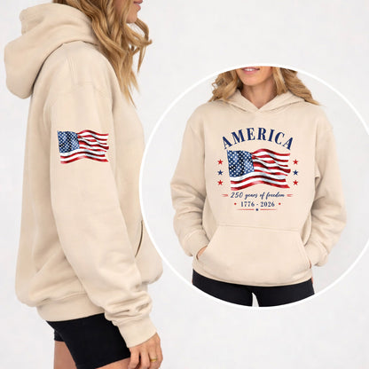 250 Years of Freedom 1776-2026 Front & Right Sleeve Shirt, Patriotic USA Flag 4th of July Tee 685301