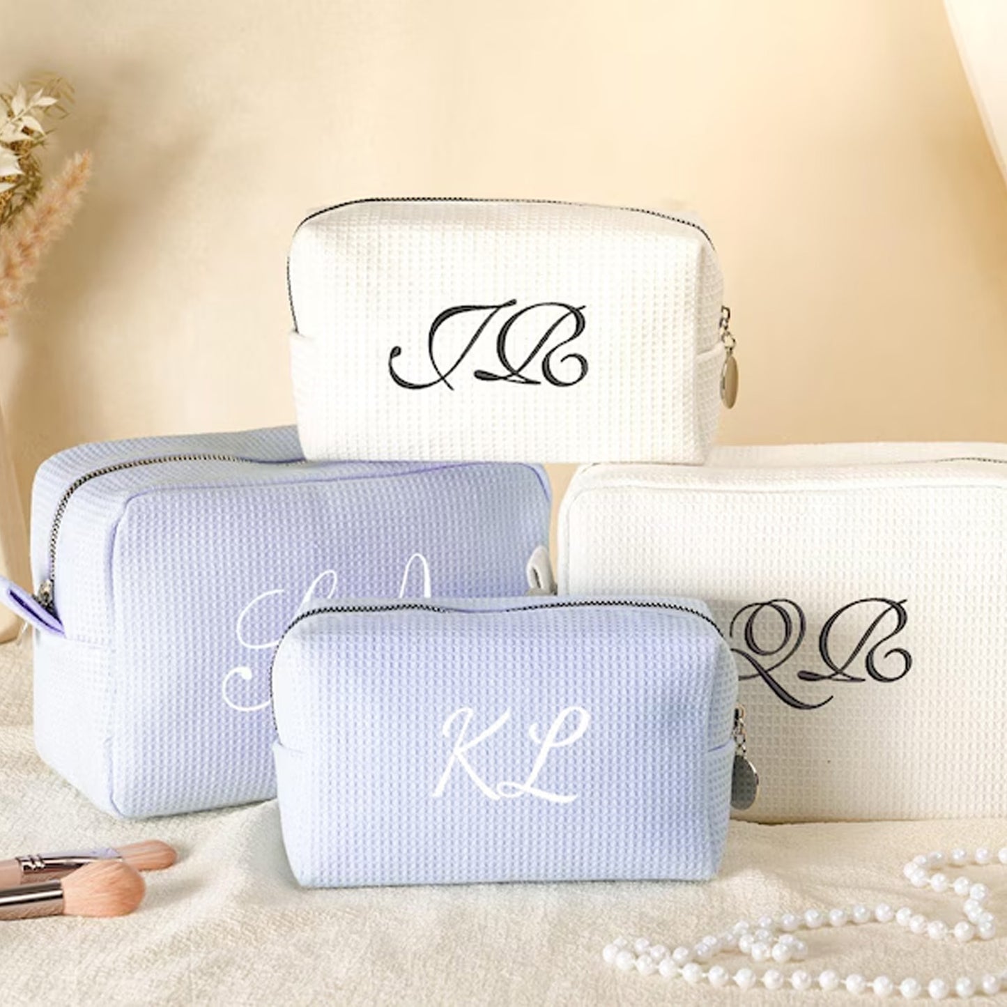 Custom Waffle Cosmetic Bag, Personalized Monogram Makeup Bag, Toiletry Bag Bridesmaid Gift for Her 684811