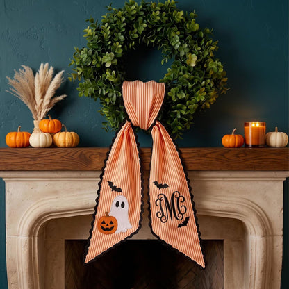 Personalized Halloween Wreath Sash, Embroidered Ghost & Monogram Bow, Custom Name Front Door Decor 686172 WFD