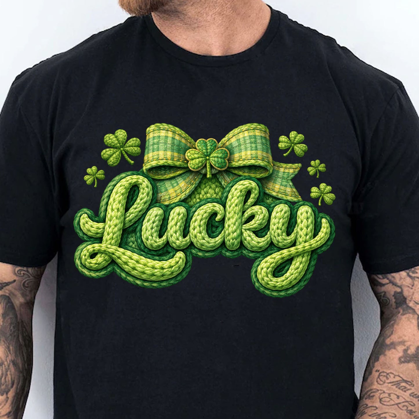 St. Patrick’s Day Lucky Shirt, Faux Yarn Patrick’s Day Tee, Latch Hook Yarn Lucky Faux Embroidery T-Shirt 684191