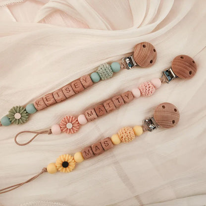 Personalized Baby Pacifier Clip, Custom Name Wooden Bead Dummy Clip, Floral Binky Holder, Baby Shower Gift 686879 WFD