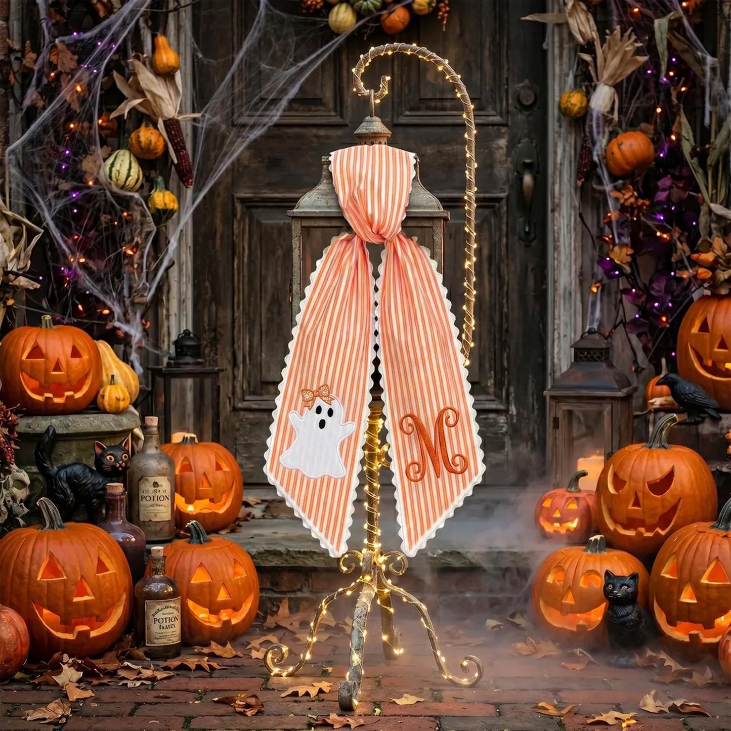 Personalized Halloween Wreath Sash, Embroidered Ghost & Monogram Bow, Striped Front Door Decor 686179 WFD