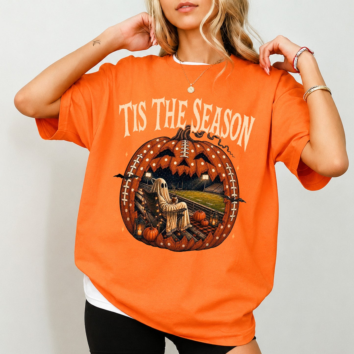 Vintage Halloween Football Shirt, Tis the Season Ghost Tee, Spooky Game Day Pumpkin Football Shirt 685865