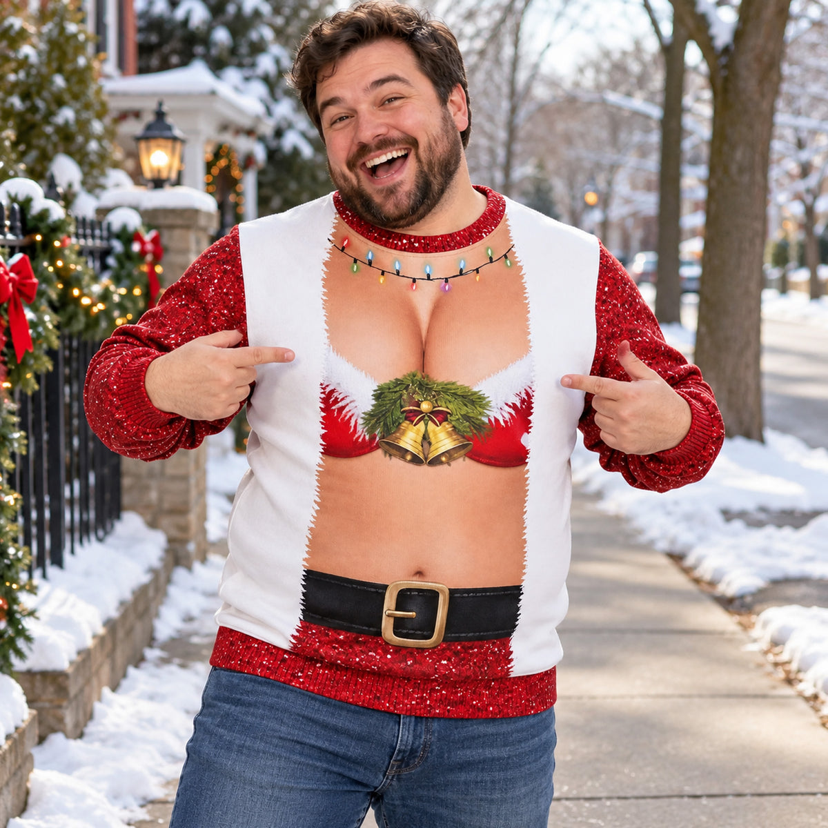 Funny Christmas Ugly Sweater, Fake Naked Body Santa & Elf AOP Sweatshirt, Novelty Holiday Party Gag Gift 686654 WFD