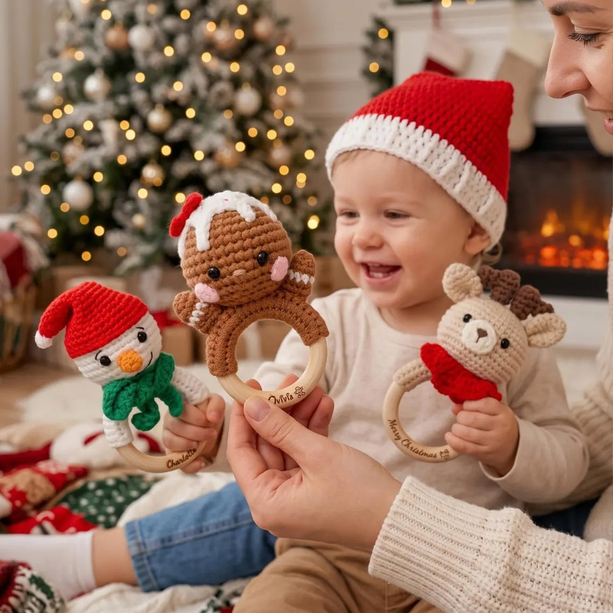 Personalized Christmas Crochet Baby Rattle, Custom Name Wooden Ring Toy, Santa Reindeer Snowman Baby Gift 686572 WFD