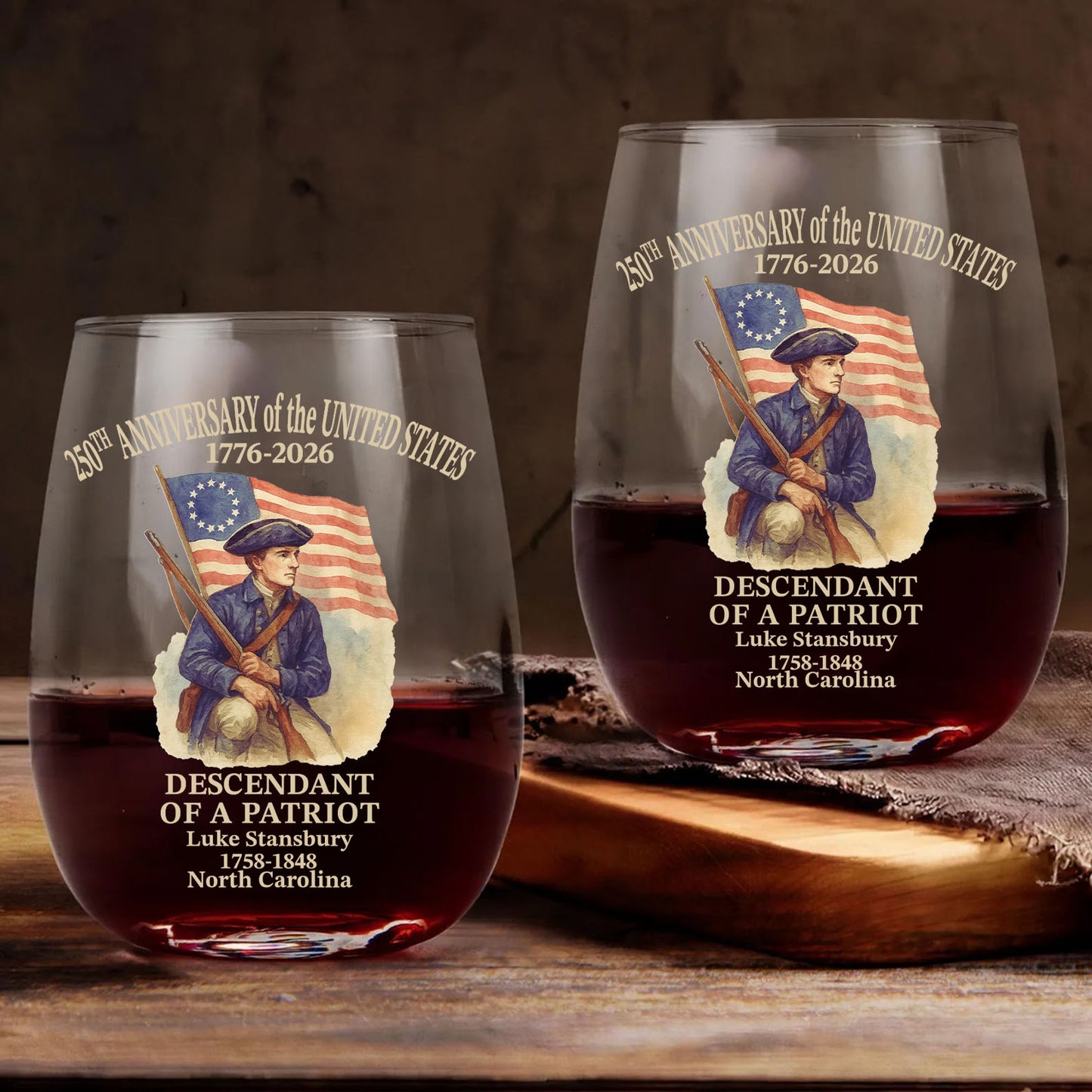 Custom Name 250 Years of America Wine Glass | Personalized Descendant of a Patriot Wine Glass 684228