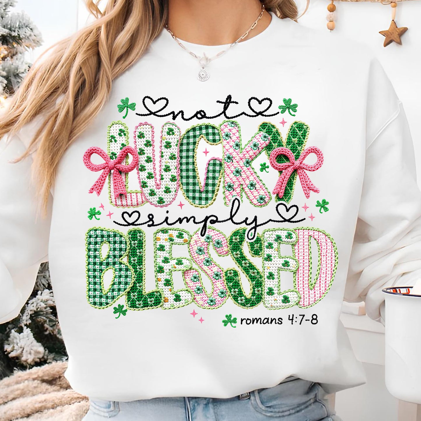 Lucky Blessed St. Patrick’s Day Shirt, Faux Yarn Coquette Sweatshirt, Latch Hook Faux Embroidery Shirt 684190