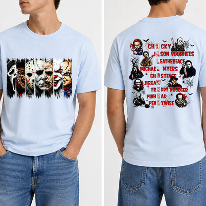 Horror Characters Front & Back Shirt, Classic Slasher Movie Halloween T-Shirt, Spooky Horror Fan Tee 686006