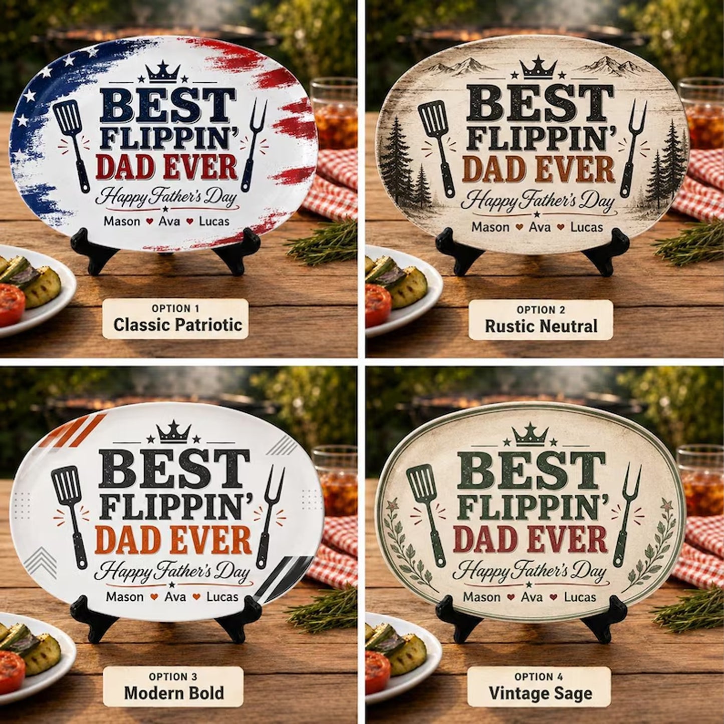 Personalized Best Flippin Dad Ever Grilling Plate, Custom Patriotic BBQ Platter Gift for Dad, Father's Day Gift 685147