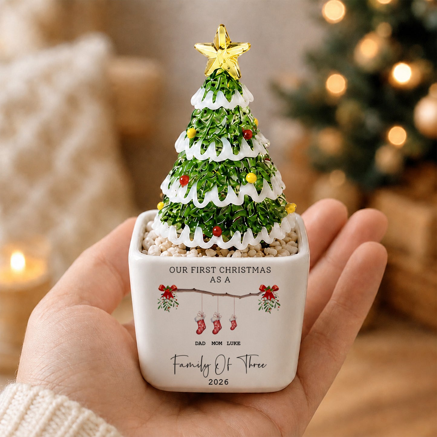 Personalized Family Ceramic Pot Christmas Tree, Custom Family Names Stocking Christmas Decor 685983