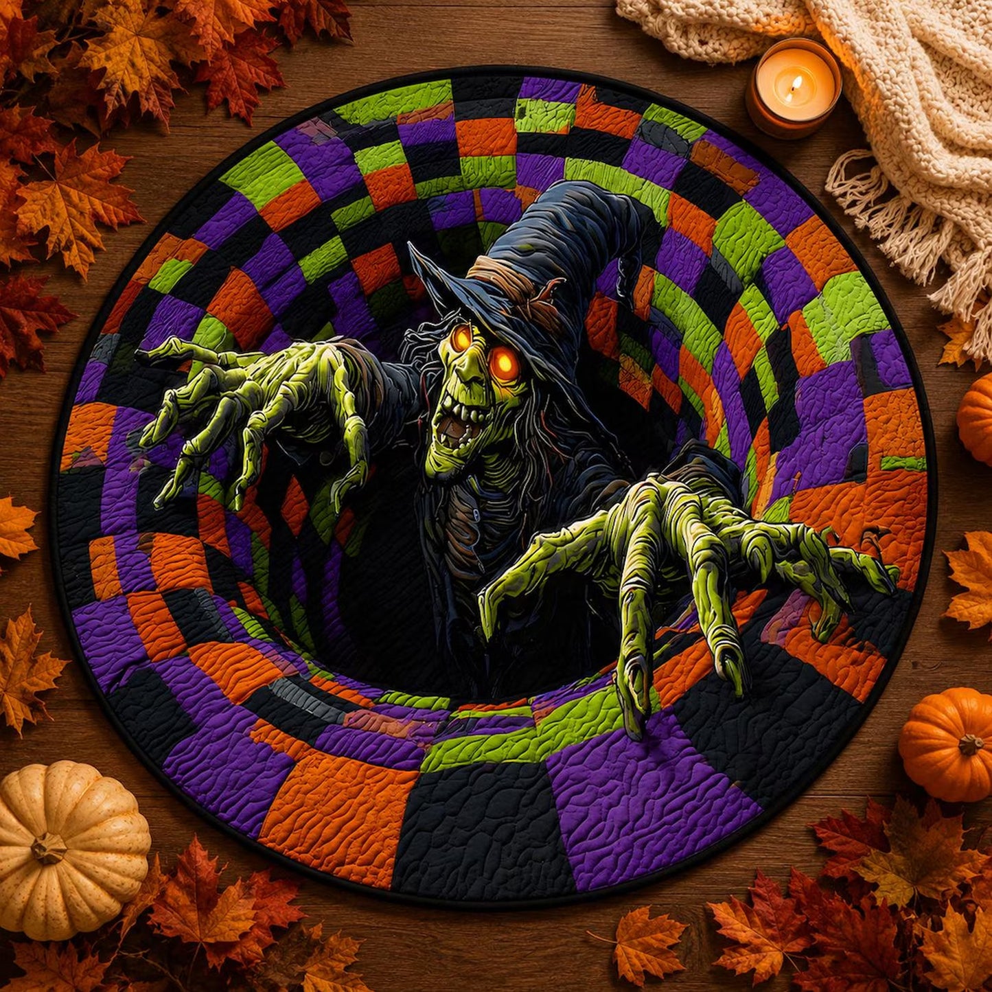 3D Witch Halloween Round Rug, Spooky Optical Illusion Floor Mat, Creepy Haunted House Halloween Decor 685933 WFD