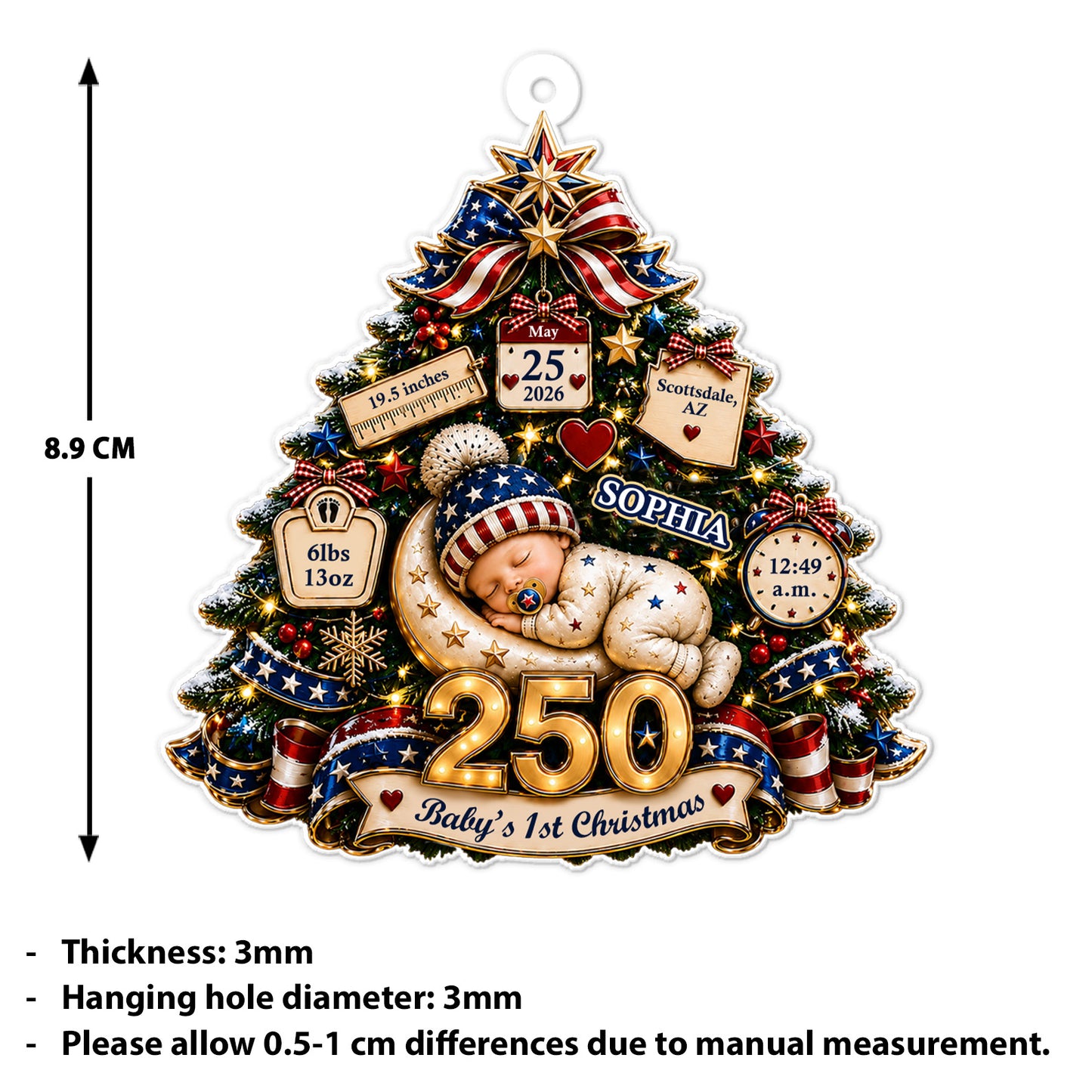 Personalized Baby's 1st Christmas USA 250th Anniversary Acrylic Ornament, Newborn Keepsake Gift 685953