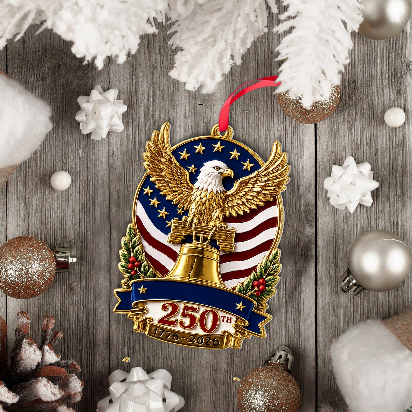 USA 250th Anniversary 2-Sided Aluminum Ornament 1776-2026, Patriotic Bald Eagle Christmas Ornament 685804