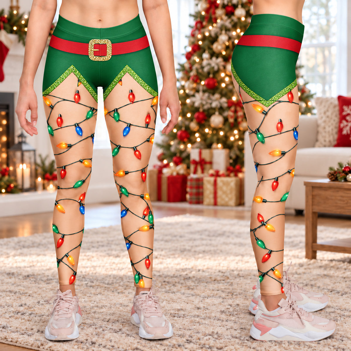 Christmas Lights Leggings for Women, Funny Santa Elf Holiday Leggings, Christmas Party Outfit 686536 WFD