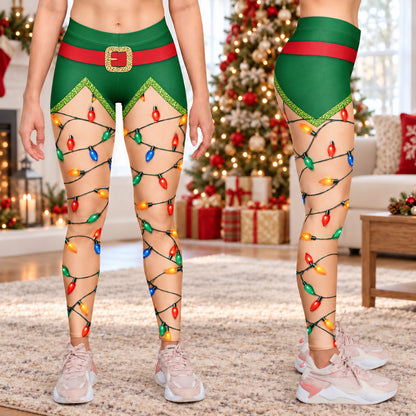 Christmas Lights Leggings for Women, Funny Santa Elf Holiday Leggings, Christmas Party Outfit 686536 WFD