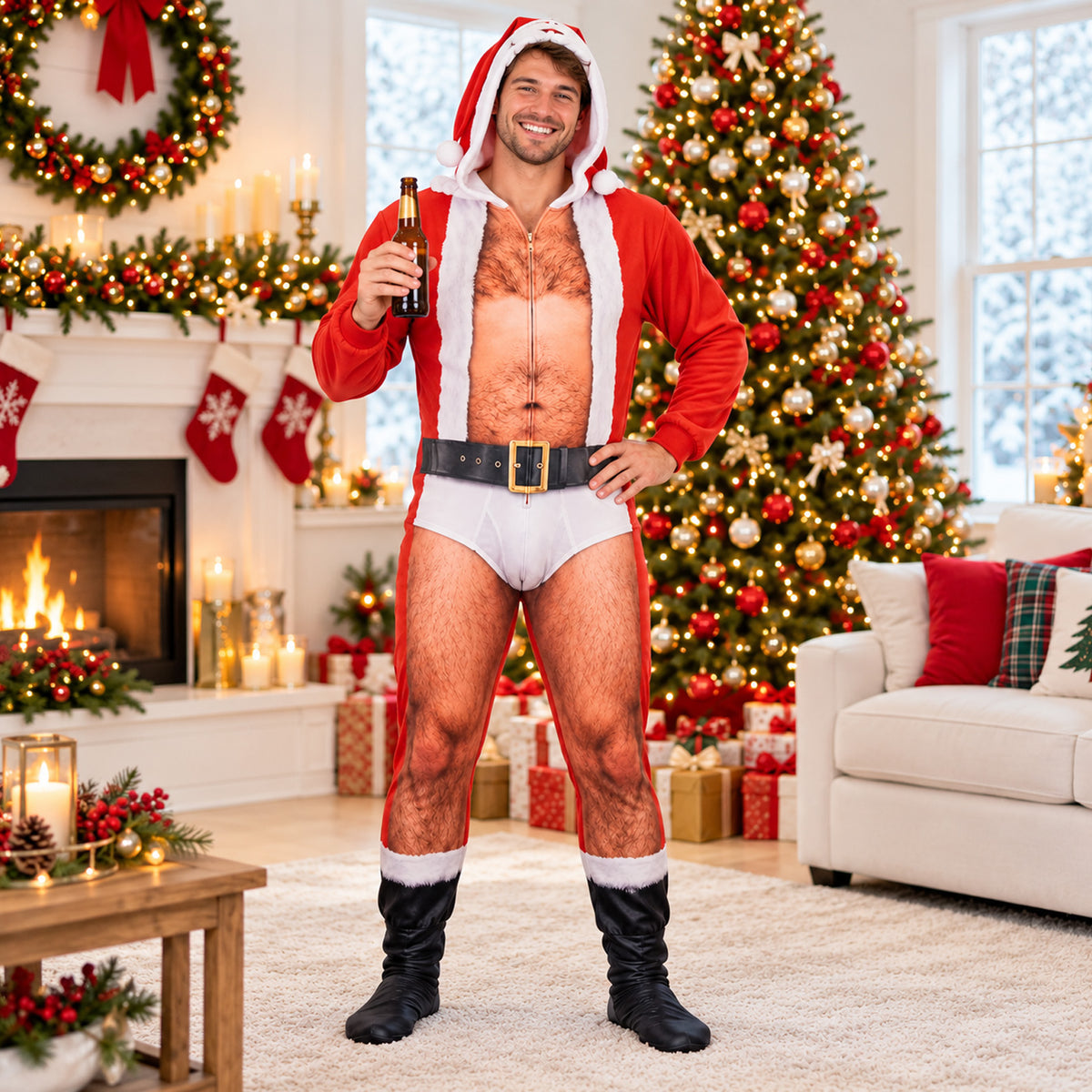 Funny Hairy Chest Adult Onesie, Fake Naked Body Christmas Santa Onesie, Novelty Holiday Party Gag Gift 686645 WFD