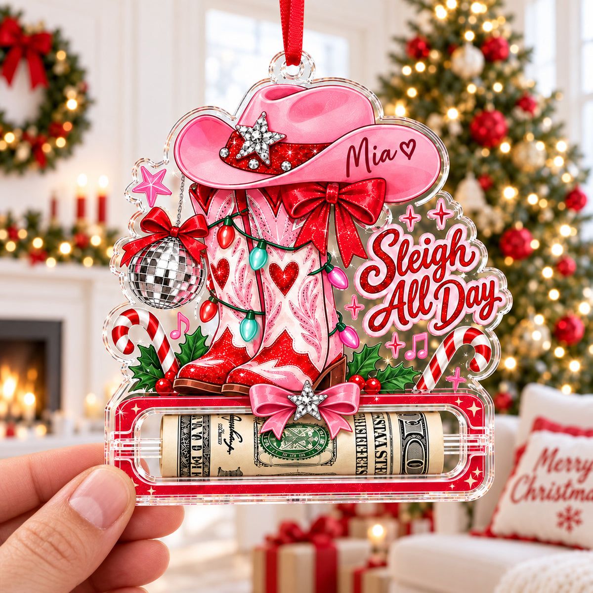 Personalized Dolly Parton Cowgirl Acrylic Money Holder Ornament, Custom Pink Western Christmas Ornament 686306 WFD