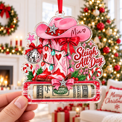 Personalized Dolly Parton Cowgirl Acrylic Money Holder Ornament, Custom Pink Western Christmas Ornament 686306 WFD