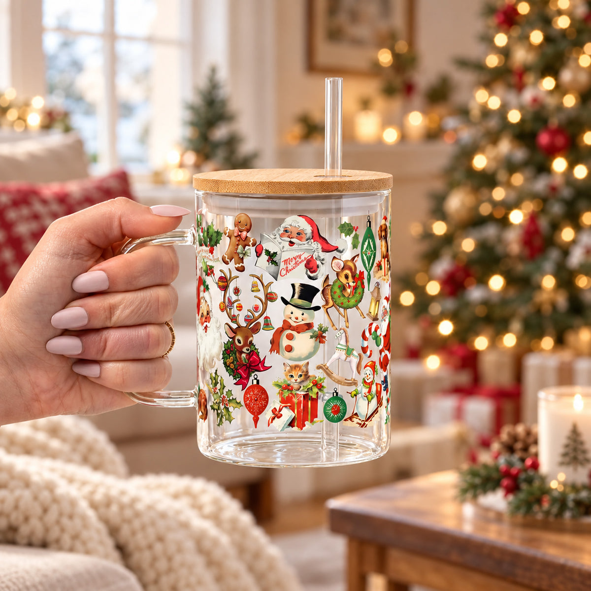 Nostalgic Christmas Glass Cup 17oz, Vintage Christmas Glass Mug with Bamboo Lid & Straw, Christmas Gift 686697 WFD