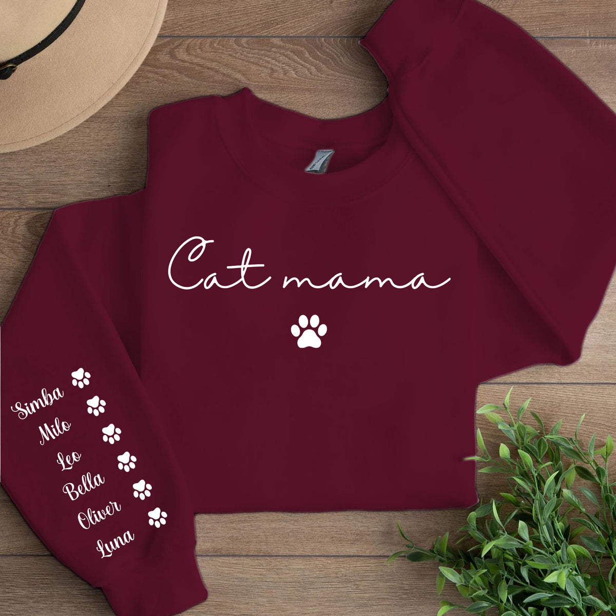 Personalized Cat Mama Sweatshirt with Cat Name, Custom Cat Mom Sweater, Front & Right Sleeve Print 683982