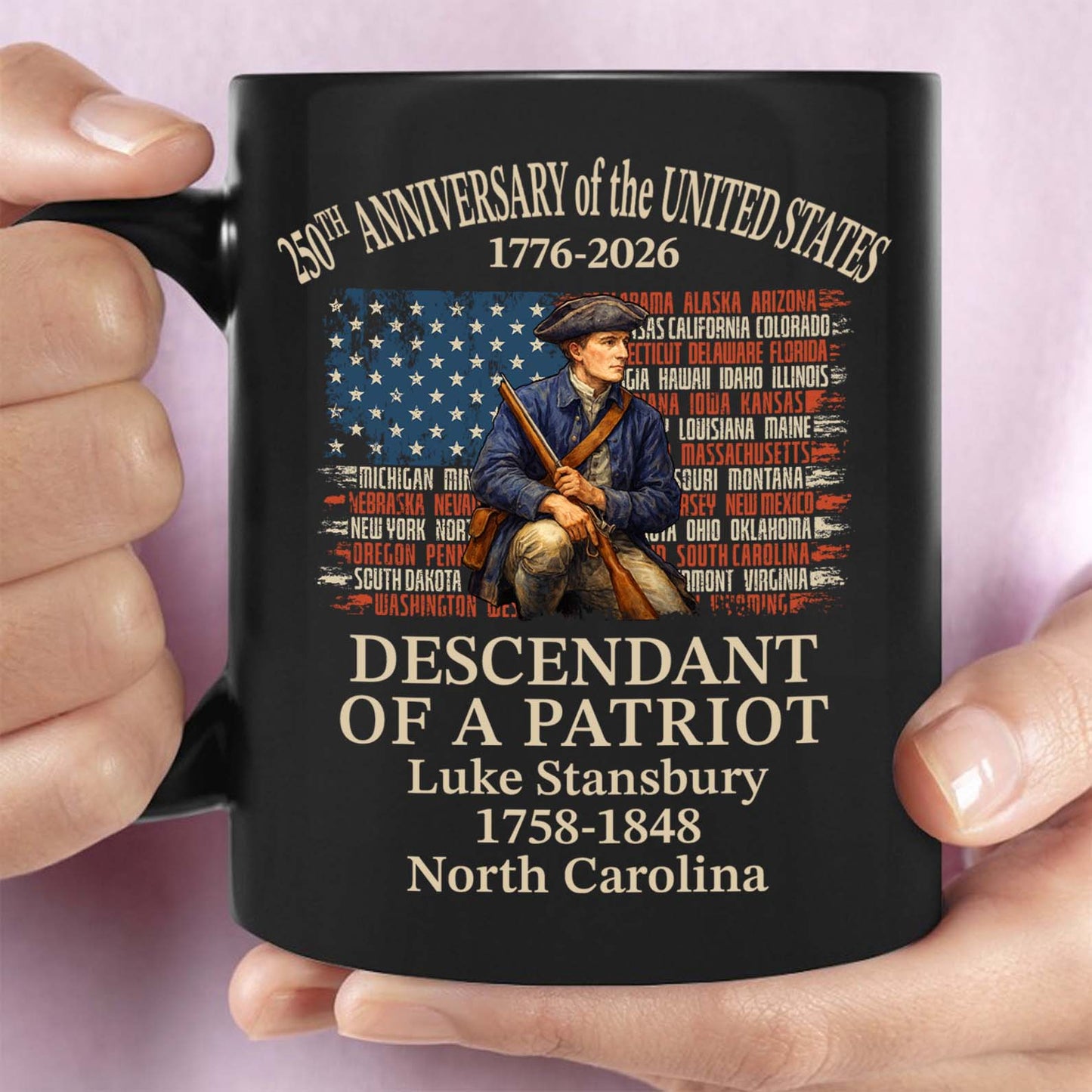 Custom Name Descendant of a Patriot Black Mug | Personalized 250 Years USA 1776–2026 Coffee Mug 684433