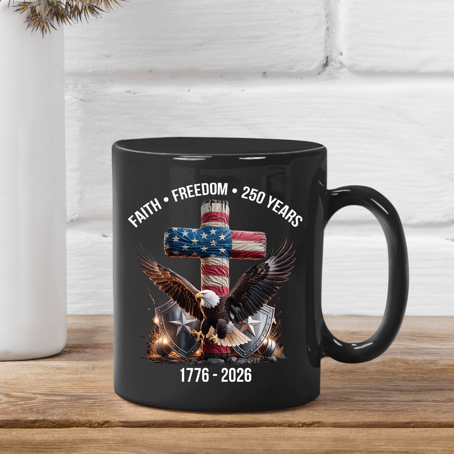 250 Years of Freedom Mug, 1776-2026 Eagle Patriotic Coffee Mug, Patriotic Christian Eagle Cross Black Mug 684061