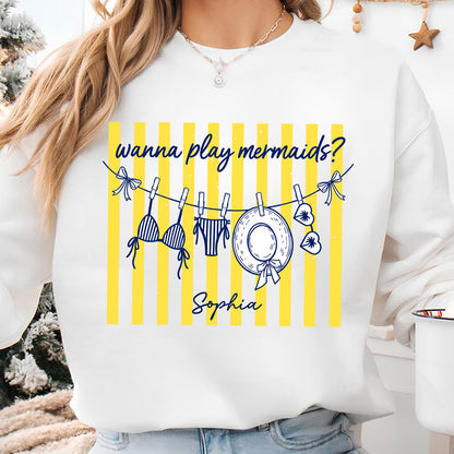 Personalized Wanna Play Mermaids Shirt, Custom Summer Beach Vacation Tee, Mermaid Girls Trip T-Shirt 685521