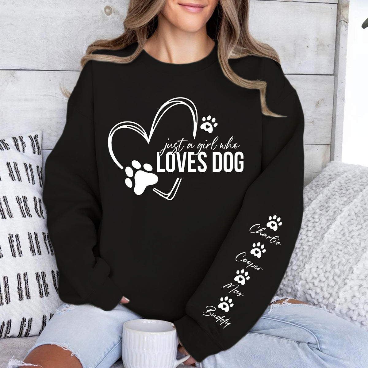 Just a Girl Who Loves Dogs Sweatshirt, Personalized Custom Name Dog Sweater, Front & Left Sleeve Print 683637