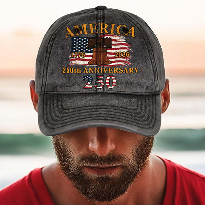 250 Years of America 1776–2026 Vintage Washed Denim Baseball Cap | Patriotic Anniversary 4th of July Hat 683640