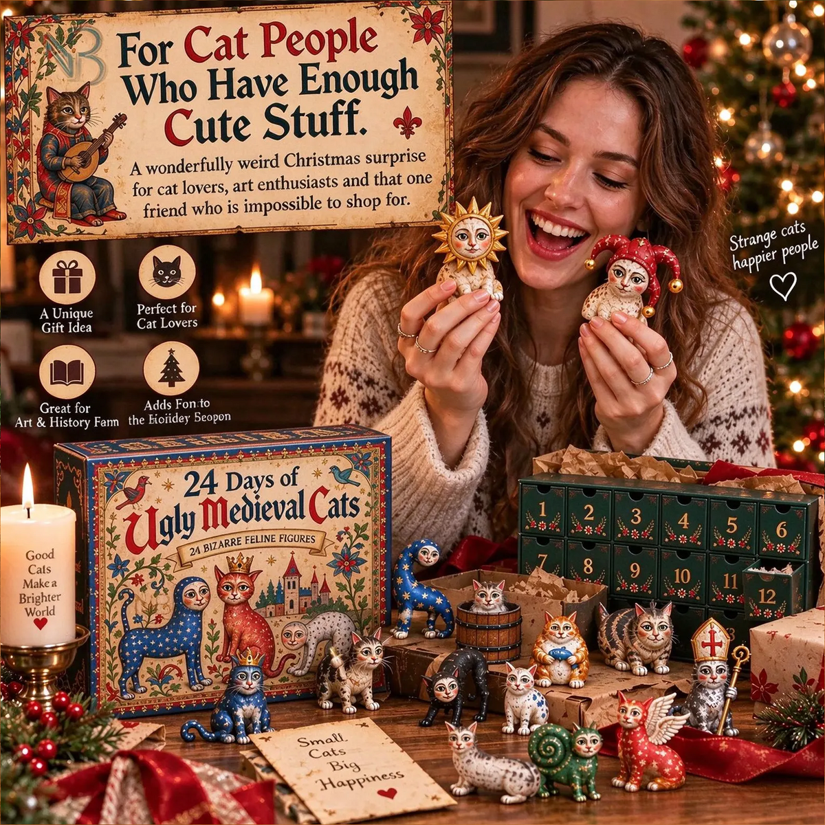24 Days of Ugly Medieval Cats Advent Calendar, 24 Funny Cat Figurines, Gothic Christmas Countdown Gift 686982 WFD